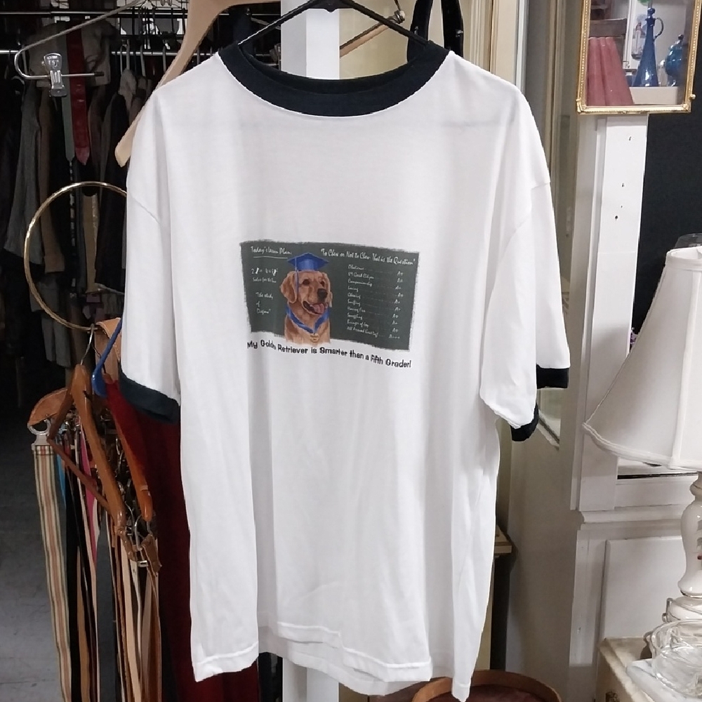 White T-Shirt with Black Trim and Golden Retreiver Graphic
